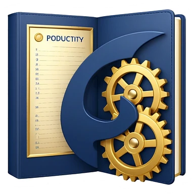 A navy blue book with gold details, metallic edges, and a golden gear with a chart with upward trend on the cover, radiating productivity, strategy, and success in motion- sticker
