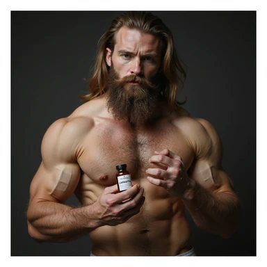 long-haired bodybuilder, hyperrealistic, holding a vial labeled 'CARNITINA', 4k quality sticker