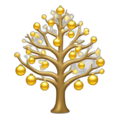 árbol de navidad con esferas color dorado y luces blancas con "feliz Navidad" sticker