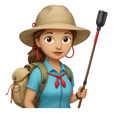 Middle aged women, long brown ponytail with wide brim hiking hat. With backpack and trekking poles. Backpack has a scallop shell with the cross of saint james hanging from it.  Remove the cross and add a scallop shell on a red string hanging from the backpack  sticker