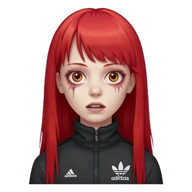 Crie um emoji de uma menina zumbi  com o cabelo vermelho longo com uma franja reta casaco de gola alta da adidas sticker