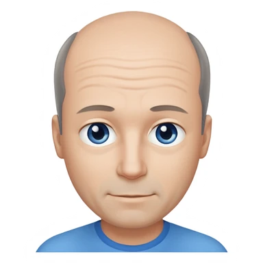 Middle aged man with black-greyish receding hairline, some hair on top, small blue eyes, clear face, shy smile sticker