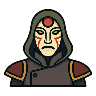 Amon from The Legend of Korra, masked revolutionary leader, mysterious and intimidating, clean modern icon style sticker