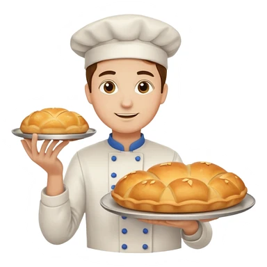 baker holding tray with big bread sticker