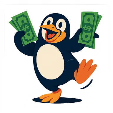 a dancing penguin holding money, fun and lively style sticker
