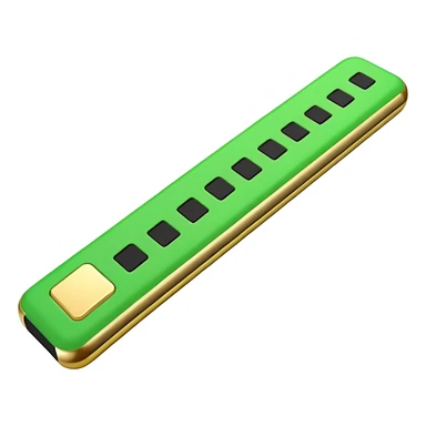 Apple-style 3D emoji of a simplified RAM stick, cartoon-style but recognizable, green with gold edge and black squares representing memory chips. sticker