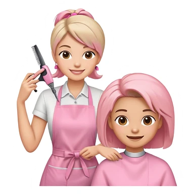 happy woman in pink apron getting a haircut from smiling female hairstylist sticker