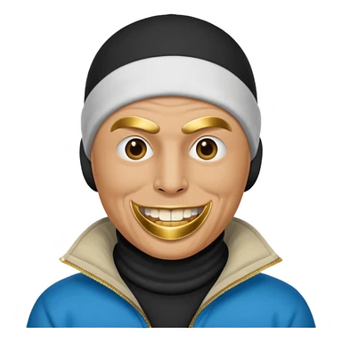 A bald guy wearing a ski mask with gold teeth sticker