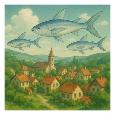flying fish above a village in ghibli style, serene, detailed, soft lighting sticker