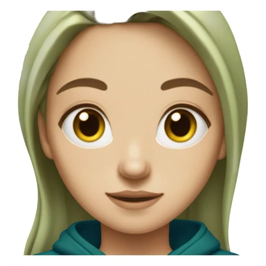 white girl with long wavy dark blue middle parted hair wearing green hoodie sticker