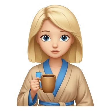 cozy blonde girl with middle length hair and blue eyes holds a brown cup in beige  robe sticker