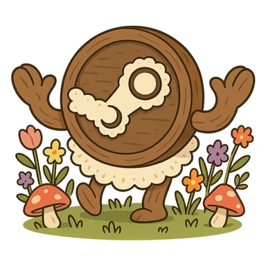 cartoonier cottagecore Steam logo: circle and arms made of exaggerated rounded wood, oversized lace, bright pastel wildflowers, cute mushrooms, whimsical playful cozy, no text sticker