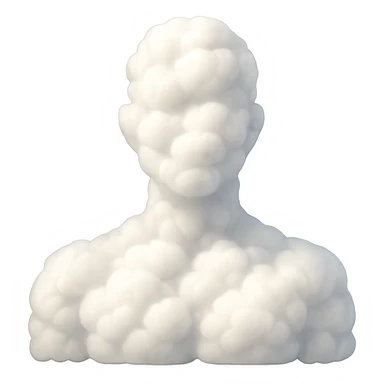 front view human contour from shoulders up, fully composed of 3D fluffy white clouds inside, volumetric, soft, realistic lighting and shadows, apple emoji style clouds, detailed and realistic sticker