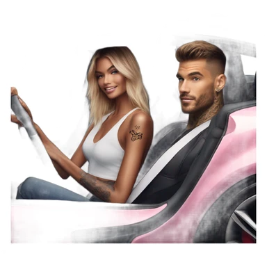 Photo of Victoria secret model driving in a sports car with a tattooed male model  sticker