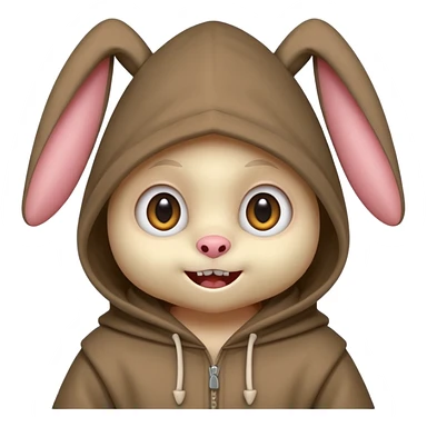 cute character with large eyes, round face, triangular teeth, wearing a hood with upright rabbit-like ears, mischievous and playful expression, unique monster figure sticker