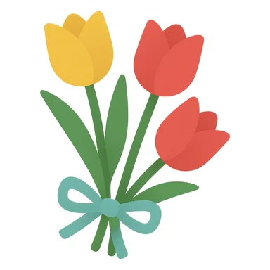 simple bouquet of tulips tied with a ribbon, flat modern icon style sticker