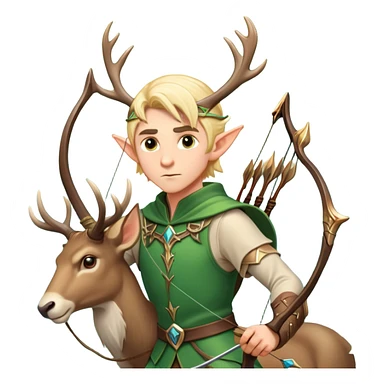 clash-of-clans-aesthetic-blond-male elf-archer-portrait-emoji, rendered in a flat, vector-style with minimal shading and bold holding his bow, simplified shapes, head tilted slightly forward with a determined, focused expression, riding a majestic stag whose antlers glow with mystical energy, set against an ancient, enchanted forest backdrop. sticker