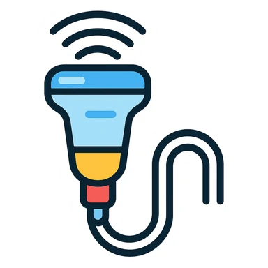 Add blue highlights to the ultrasound probe, keep the color outline icon style, and ensure clear medical device details. sticker