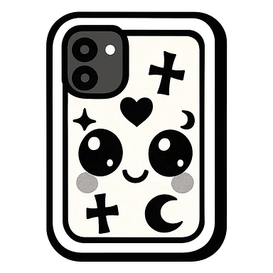 Change the color scheme to white and black, gothic kawaii phone case, big eyes, smiling, playful, cartoonish, gothic symbols, vibrant toon style, no background. sticker