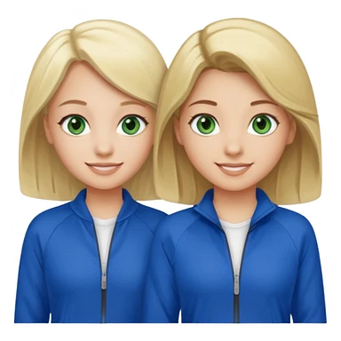 two girls smiling one has blond hair and green eyes and one is has dark brown hair and blue eyes they are wearing royal blue track suits sticker