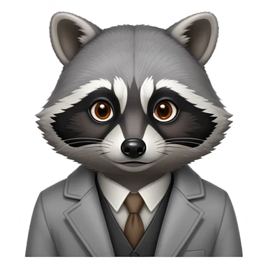 Cinematic-Noble-Raccoon-Portrait-Emoji – Poised and confident, with a sturdy build and a beautifully textured coat of silver-grey accented by dark black facial markings, deep-set, intelligent brown eyes, simplified yet sharp and sophisticated. sticker