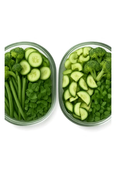 verdure tagliate e sistemate in due schiscette di vetro viste dall'alto, iperrealistico 4k sticker