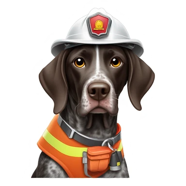 German short haired pointer dog wearing a fireman helmet sticker