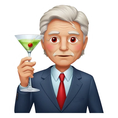 older businessman with red face holding martini glass, disheveled appearance sticker
