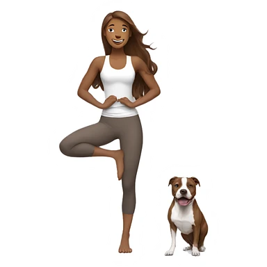 woman with long brown hair expressing joy dressed in a yoga outfit alongside a pitbull dog sticker