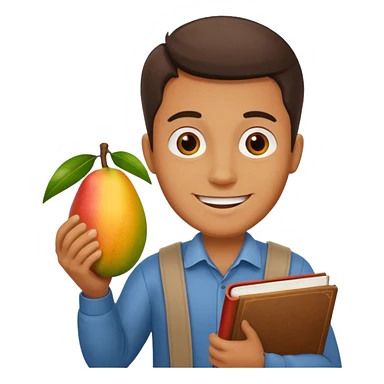 man holding book and mango sticker