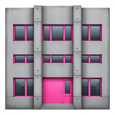 Gray concrete brutalist architecture with a single bright pink window and multiple regular windows sticker