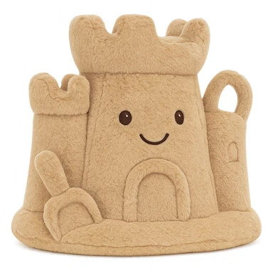 a stuffed animal jellycat shaped like a sand castle, soft plush texture, cute details sticker