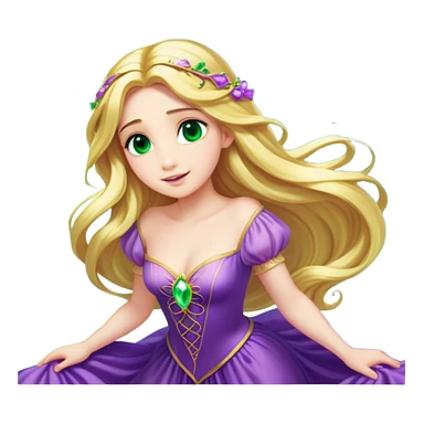 Cinematic Stunning Rapunzel Portrait Emoji, Golden hair cascading in a luminous waterfall, big emerald-green eyes full of wonder, wearing her iconic purple gown, radiating beauty and magic, glowing with fairy-tale charm! sticker