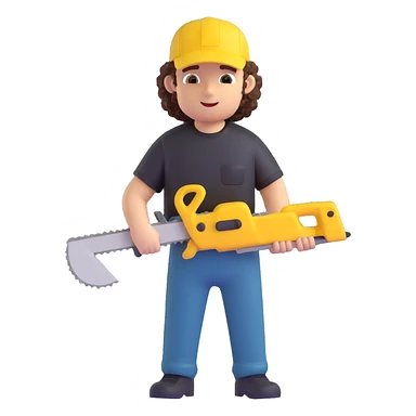 create a character with a saw, cute guy, curly, in a black t-shirt and a yellow cap, in 3d sticker