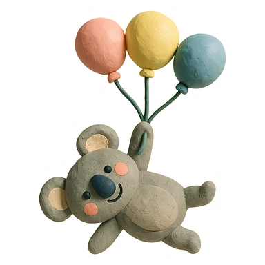 koala floating with pastel balloons, happy face, claymation style sticker