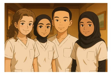 Four nursing students side by side in a warm indoor setting, wearing white medical uniforms with short sleeves, V-neck collars, and left chest pockets. No undershirts or medical accessories. Variations in pose and expression, friendly and warm atmosphere, Ghibli style. sticker