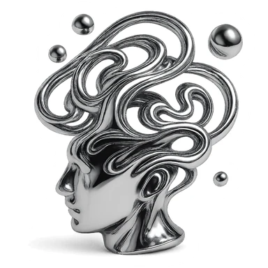abstract representation of thought in chrome style, swirling metallic forms and floating orbs, ethereal and reflective sticker