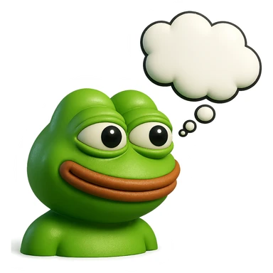make a pepe in bright green smiling with thought bubble looking at right side in 3d style, good highlights and shadows, drop shadows sticker