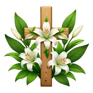 A wooden cross with white lilies around the bottom.. No lilies on the centre of the cross.  sticker