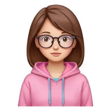 A pretty girl with brown hair and glasses wearing a pink cute hoodie sticker