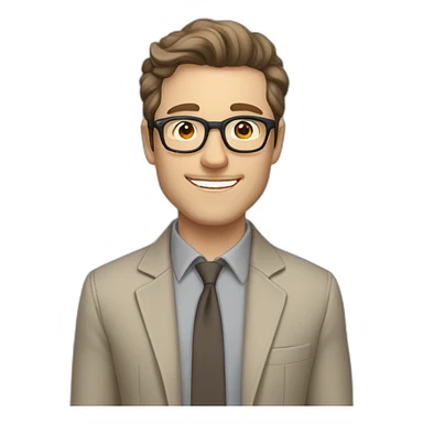 Joyful Pale skinned Fit Man With dark brown hair in gray jacket, beige office shirt, Brown pants and vintage glasses. His thrumbs up sticker