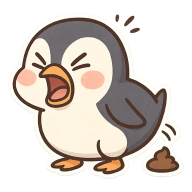 a funny penguin mid-poop, exaggerated expression sticker