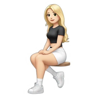Front view full body curvy caucasian beauty sitting straight hands up black skirt white knickers white socks sticker