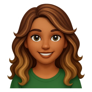Make her eyes a little darker, give her a rounder face, and a soft smile. Keep the iPhone emoji style with long wavy hair with brown roots and blonde highlights, brown eyebrows, and summer tan. Maintain the transparent background. sticker