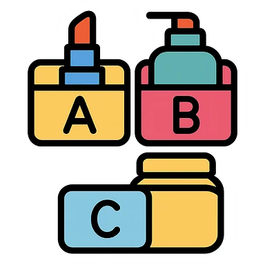 three boxes with "A", "B", "C" labels, inside those boxes there are some beauty products sticker