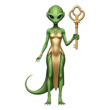 a reptilian alien woman full body, in gold dress, hold big key sticker
