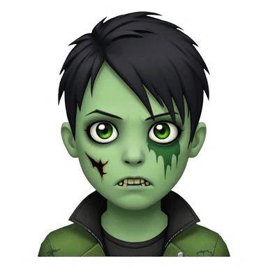  emo zombie black punk hair green skin middle part with cuts on face and closed mouth sticker