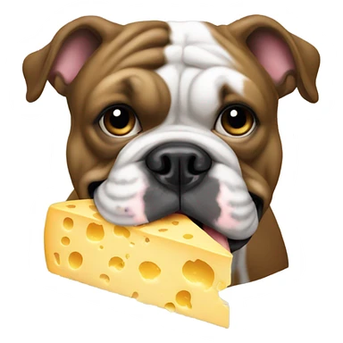 Black English bulldog eating cheese sticker