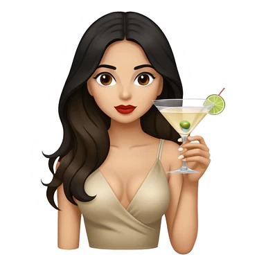 black haired female Hispanic looking drinking martini l be ong hair brown balayage  sticker