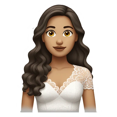 Adult woman with brown eyes, light tanned skin, long wavy dark brown hair, wearing a white lace dress sticker